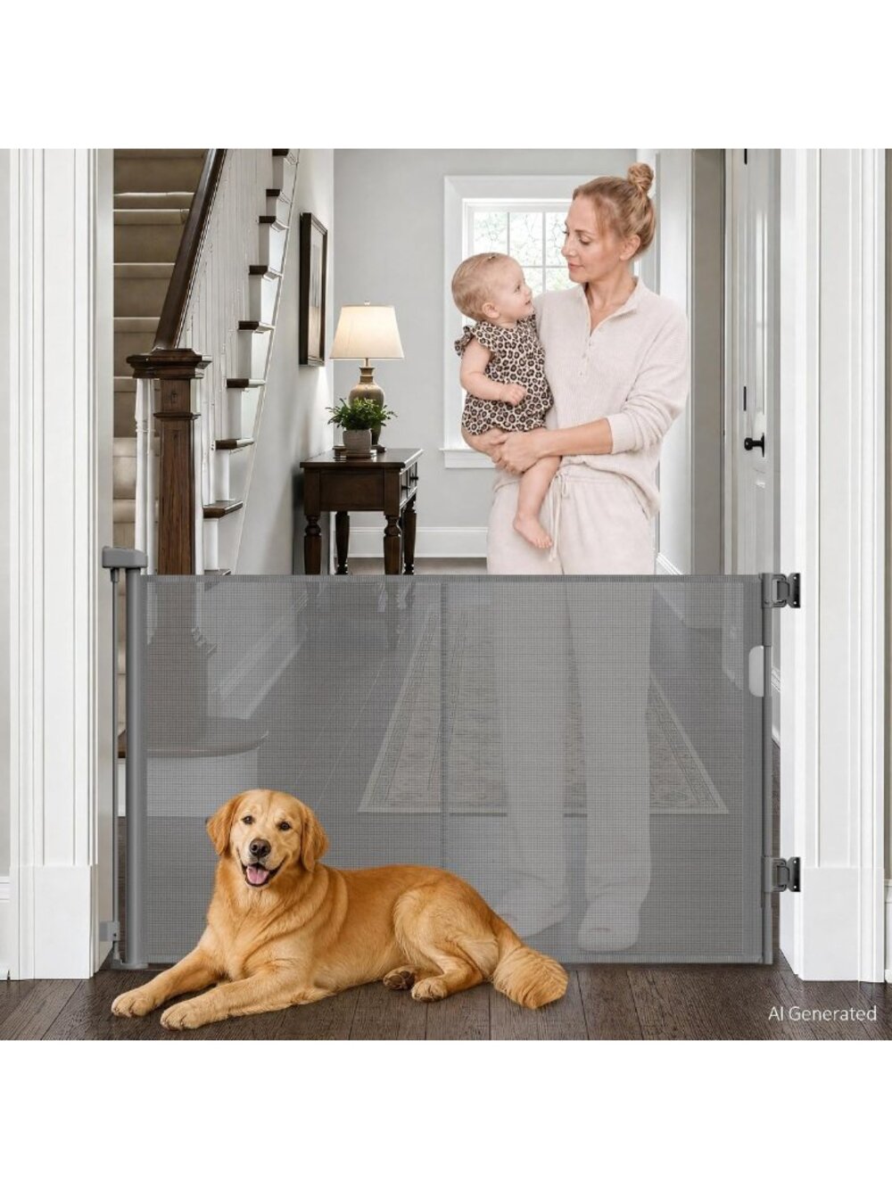 Retractable Baby Gate for Stairs | 50” Wide Mesh Safety Dog Barrier Gate